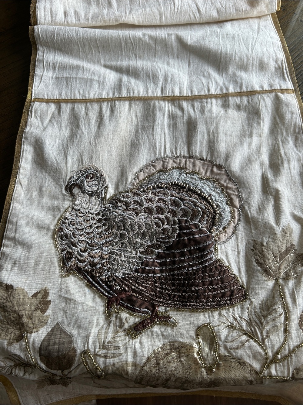 Embroidered Turkey Table Runner in Cream and Brown linen fabric